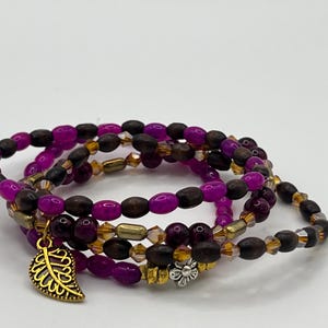 Purple Nature Lover Bracelets - Flora Leaf and Flowers, Natural Beads