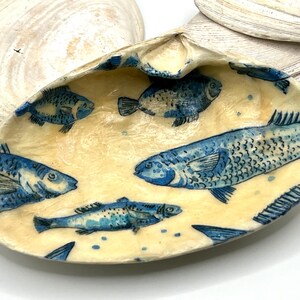 May include: A seashell dish with a blue and white fish design. The dish is made of a natural seashell and is perfect for holding small items.