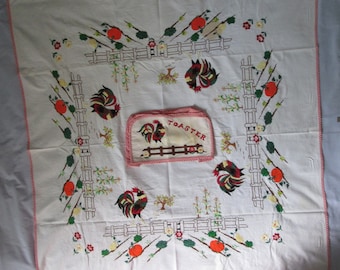 Vintage Hand Embroidered Tablecloth 40&quot;Wx38&quot; & Toaster Cover Roosters, Fall Designs-Vegetable Garden, Flowers, Rooster on Fence