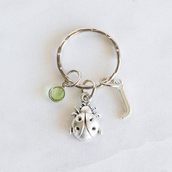 Ladybug Keychain - With Keyring, Birthstone, Initial - Zipper Pull - Free Shipping and Quantity Discounts!