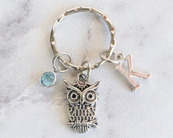 Owl Keychain - With Birthstone, Initial - Keyring - Zipper Pull - Free Shipping and Quantity Discounts!