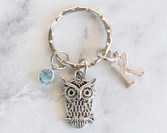 Owl Keychain - With Birthstone, Initial - Keyring - Zipper Pull - Free Shipping and Quantity Discounts!