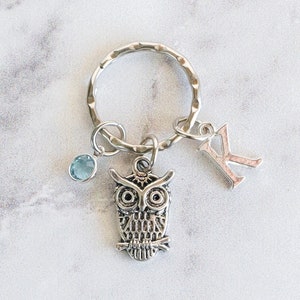 Owl Keychain - With Birthstone, Initial - Keyring - Zipper Pull - Free Shipping and Quantity Discounts!