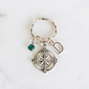 Compass Keychain - With Keyring, Birthstone, Initial - Zipper Pull - Free Shipping and Quantity Discounts!