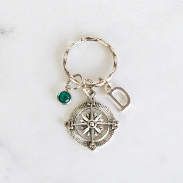 Compass Keychain - With Keyring, Birthstone, Initial - Zipper Pull - Free Shipping and Quantity Discounts!