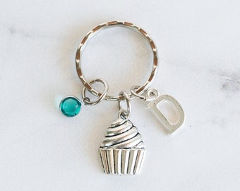 Cupcake Keychain - With Cupcake Key chain, Birthstone, Initial - Cupcake Keyring or Zipper Pull - Free Shipping and Quantity Discounts!