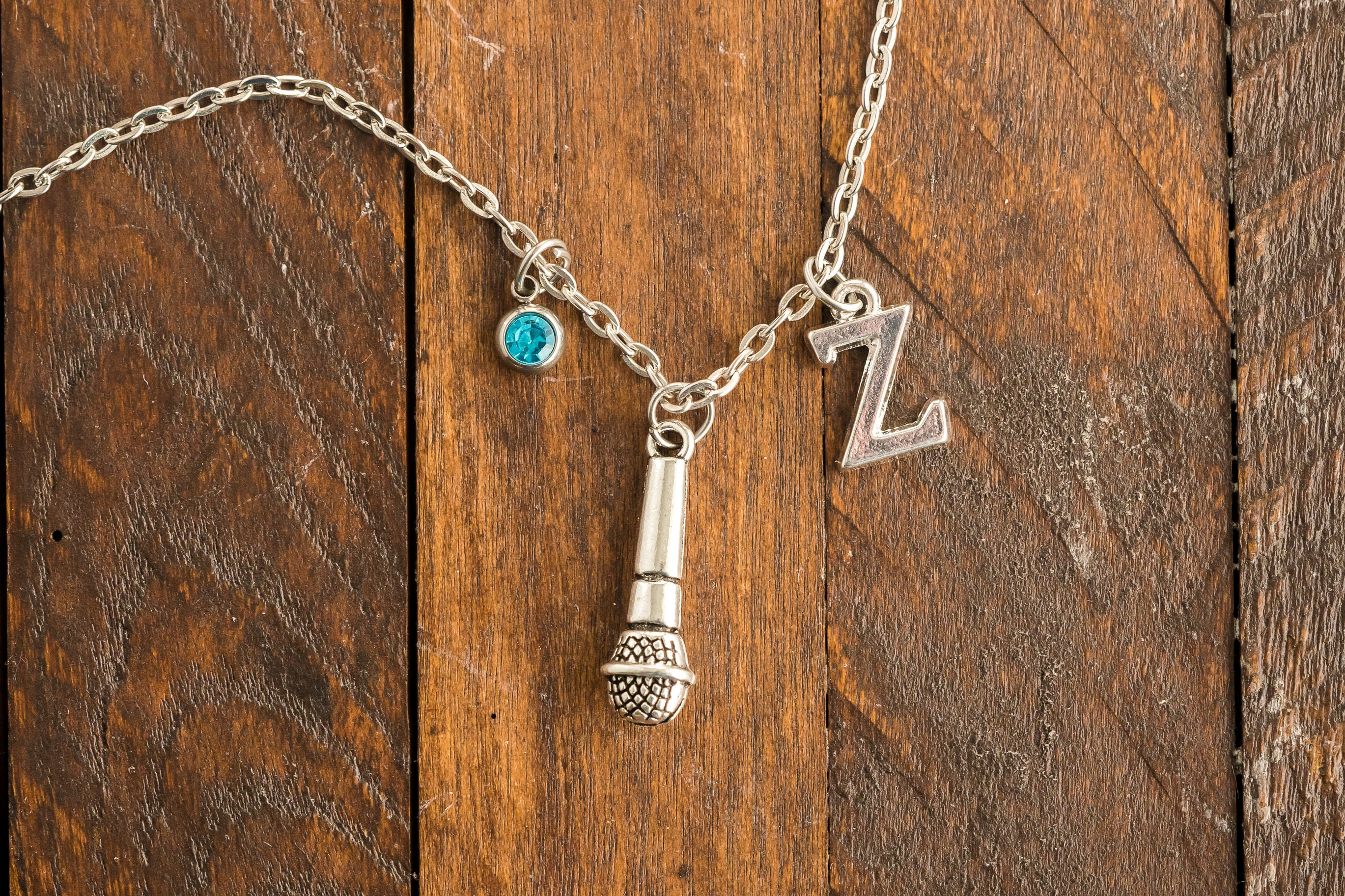 Microphone Necklace With Birthstone and Initial Charm Etsy