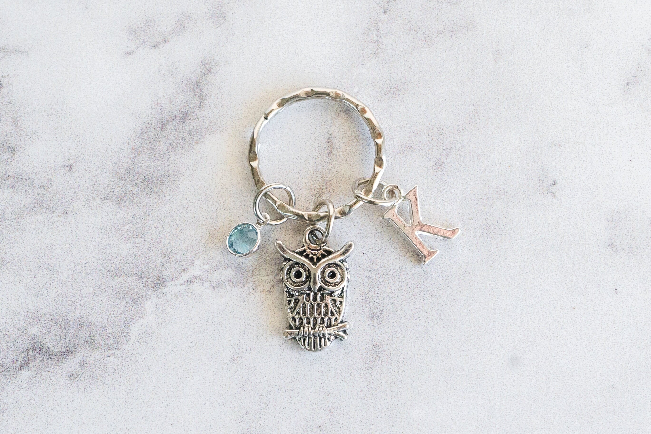 Owl Keychain - With Birthstone, Initial - Keyring - Zipper Pull - Free Shipping and Quantity Discoun