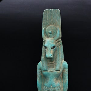 Amazing HATHOR as a cow with the sun disk & the cartouche in the back -goddess of fertility ,joy ,love-Altar statue made with Egyptian soul
