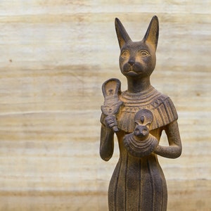 Egyptian Goddess cat Bastet large standing Joy Love Music Royal Ankh matt finish black made in Egypt
