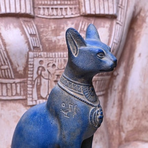 unique statue goddess Bastet cat blue stone large Sculpture with scarab on her chest, Egyptian art alter statue made in Egypt