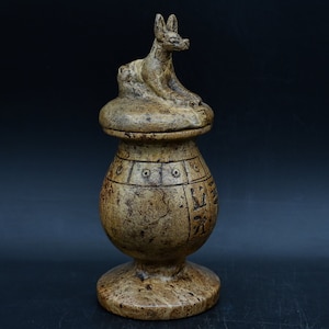 vintage Egyptian jar-with a unique anubis lid-that can be used to store wine, oil -this piece of unparalleled handmade flame stone in Egypt