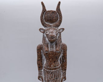 Goddess of Mothers and fertility, HATHOR, with a Cow face, Wearing the sun-disk, Carved from the granite stone, Handmade in Egypt.