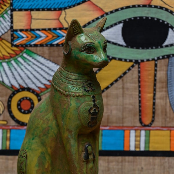 statue cat Bastet goddess Sculpture green Unique heavy stone glazed faience made in Egypt