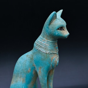 unique goddess Bastet cat statue green Turquoise, scarab on chest, heavy Sculpture stone ancient Egyptian art made in Egypt