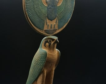 Horus Falcon Figure god of the sky as a bird shape with the sun disk & the scarab large heavy stone made in Egypt