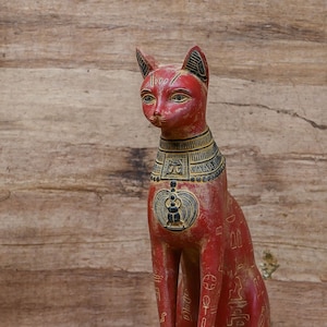 Bastet red Statue – Unique Egyptian Cat Sculpture with Hieroglyphs – Antique Spiritual Altar Decor – Large Stone Symbol of Protection