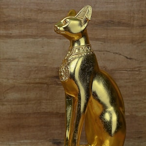 unique statue of cat goddess Bastet large  gold leaf  scarab on chest, base hieroglyphic Egyptian art decor alter statue made in Egypt