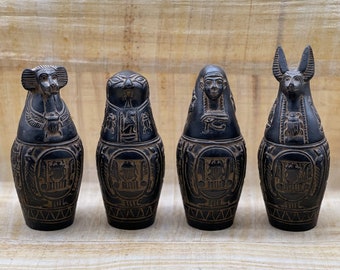 canopic jars black stone Sculpture sons of Horus Unique Set four Egyptian art made in Egypt