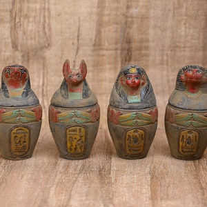 Hand Carved Canopic Jars: Egyptian Decor, Four Sons of Horus Replica