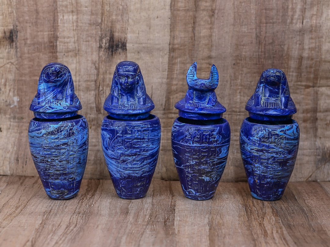 Unique Egyptian Art Set of 4 Canopic Jars sons of Horus Heavy Malachite