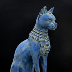unique statue goddess cat Bastet large blue with amazing details scarab on her head and winged on chest & eye of Horus made in Egypt