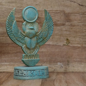 Winged SCARAB BEETLE Sculpture stone with a sun disk above its head hieroglyphic base unique EGYPTIAN art old handmade made in Egypt