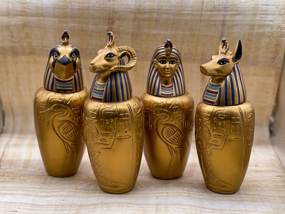 エジプトのカノプス壺：ハンマーストーンアンティーク装飾、4個セット