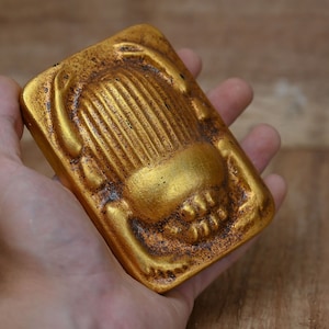 Unique Egyptian Art Scarab Amulet Beetle - gold leaf - large heavy Vintage stone made in Egypt