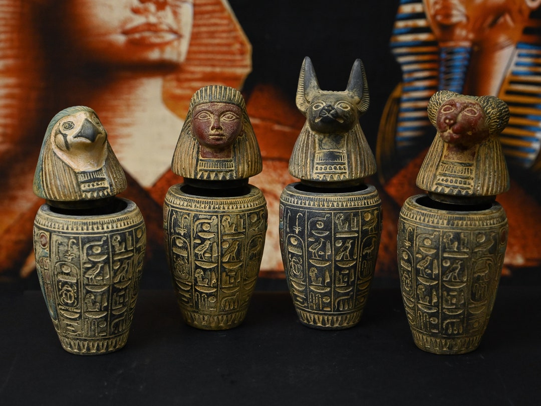 Set of Four Canopic Jars Organs Sculpture With Hieroglyph Unique
