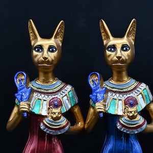 Unique Bastet Statue Holding Sistrum - Goddess Bast Bastet - Egyptian Cat Statue - Masterfully Handmade in Egypt