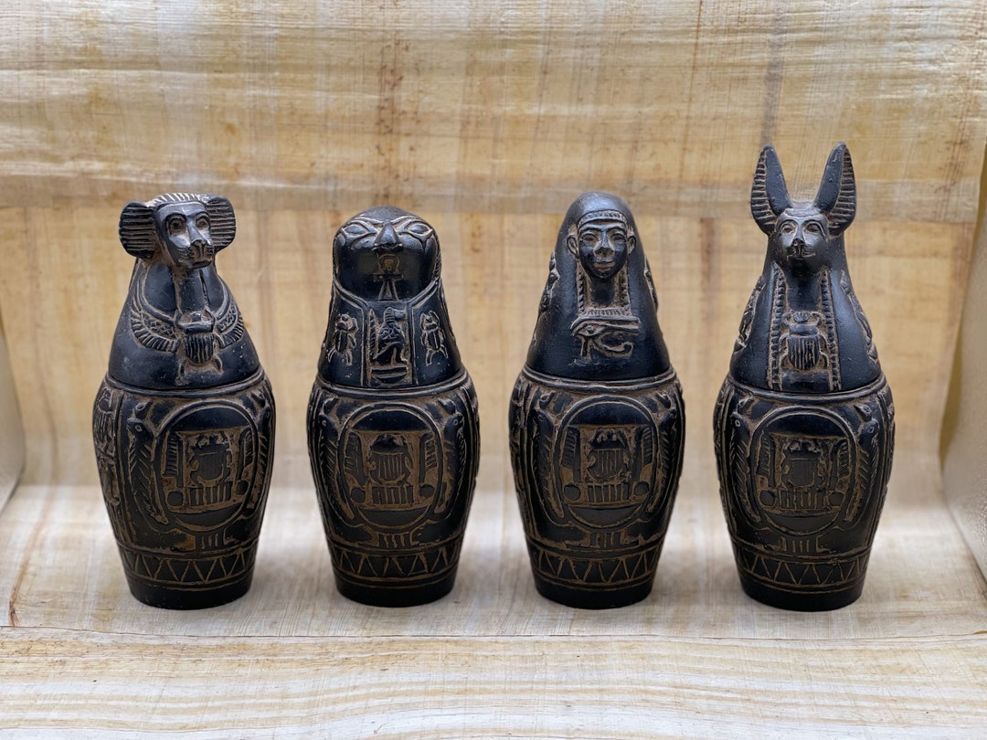 Canopic Jars Black Stone Sculpture Sons of Horus Unique Set Four