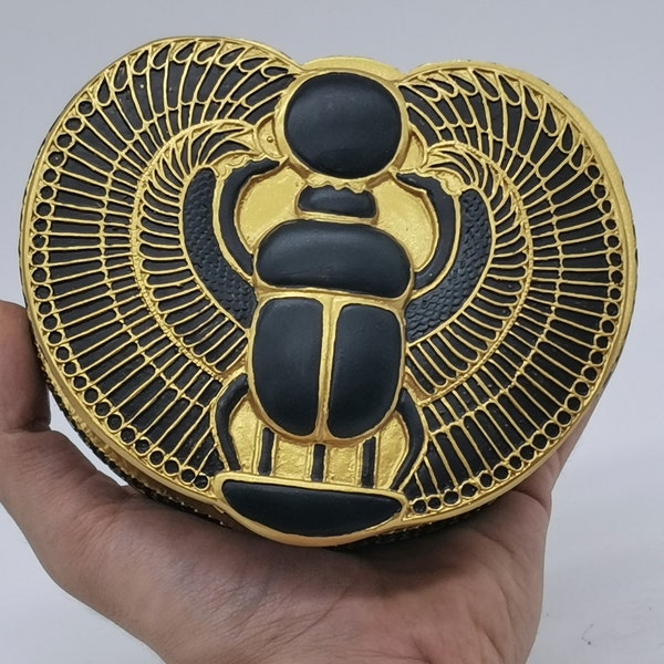 Egyptian art Box decorated pharaonic inscriptions Scarab winged Unique hand painted colored gold&black made in egypt