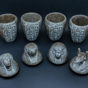 Unique Set 4 Egyptian Art Canopic jars sons of Horus ( 3 color) granite stone made in egypt
