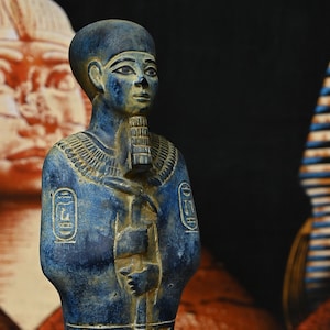 Unique statue Ptah god of Memphis and craftsmen creator of the god, Sculpture painted heavy stone made in Egypt