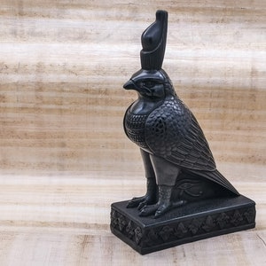 Horus Falcon Figure Wearing Double Crown of Egypt (Pschent) Decorated With Eye of Ra (Wadjet) & Lotus Flower - Handmade from polystone