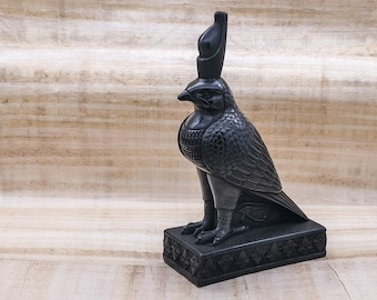 Horus Falcon Figure Wearing Double Crown of Egypt (Pschent) Decorated With Eye of Ra (Wadjet) & Lotus Flower - Handmade from polystone