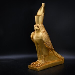 Horus Statue Falcon Bird Head Sky God Unique Art Sculpture Gold Leaf Plated Large Heavy Stone Made in Egypt