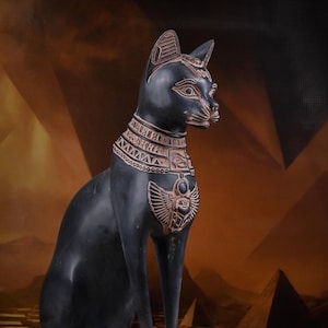 unique statue goddess cat Bastet large with amazing details scarab on her head and winged on chest & eye of Horus made in Egypt
