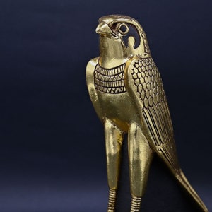 Unique Statue Falcon bird Headed God Horus heavy painted gold leaf stone made in Egypt