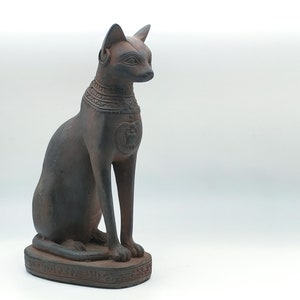 Unique Egyptian statue goddess cat Bastet black stone Sculpture with front scarab, eye of Horus made in Egypt