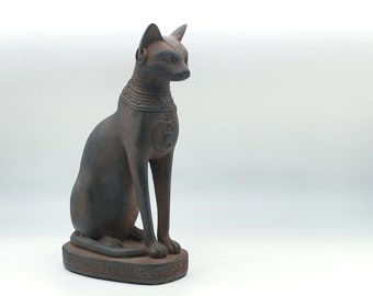 Egyptian Bastet Cat Statue: Black Stone Sculpture, Eye of Horus