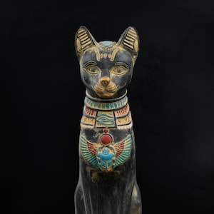 unique statue goddess cat Bastet large black with amazing details scarab on her head and winged on chest & eye of Horus made in Egypt
