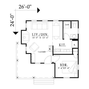 May include: A black and white floor plan of a small house with a living room, dining room, kitchen, bedroom, and bathroom. The house is 26 feet wide and 24 feet long. The living room and dining room are 15 feet by 13 feet 4 inches. The kitchen is 9 feet 4 inches by 9 feet 4 inches. The bedroom is 9 feet 4 inches by 9 feet 4 inches. The bathroom is 6 feet by 6 feet.