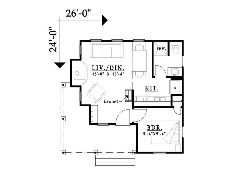 May include: A black and white floor plan of a small house with a living room, dining room, kitchen, bedroom, and bathroom. The house is 26 feet wide and 24 feet long. The living room and dining room are 15 feet by 13 feet 4 inches. The kitchen is 9 feet 4 inches by 9 feet 4 inches. The bedroom is 9 feet 4 inches by 9 feet 4 inches. The bathroom is 6 feet by 6 feet.