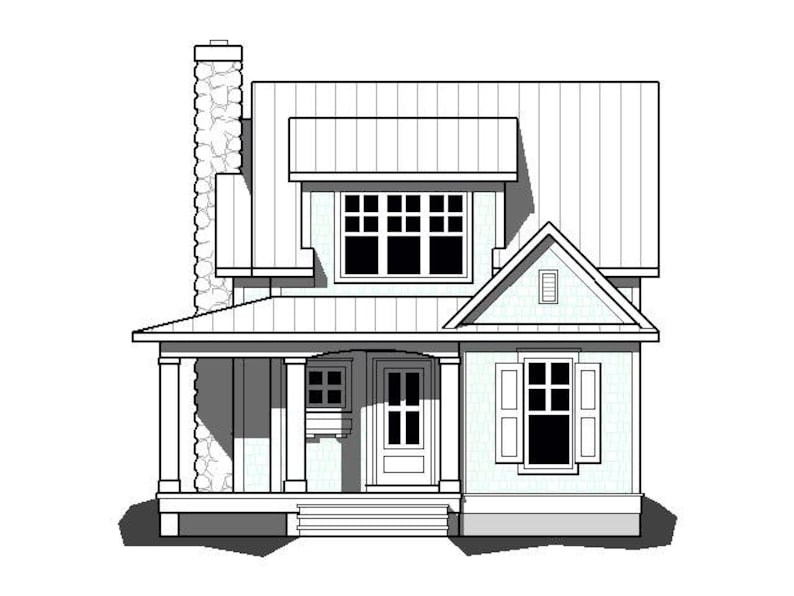 May include: A black and white line drawing of a house with a stone chimney, a front porch, and a dormer window. The house has a gabled roof and a simple design.