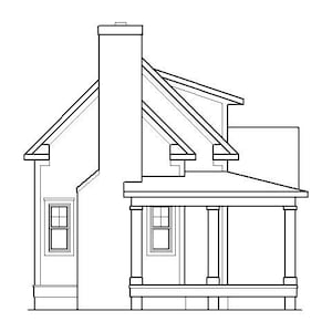 May include: Line drawing of a house with a front porch and a chimney. The house has a gabled roof and a dormer window. The porch has a railing and columns.
