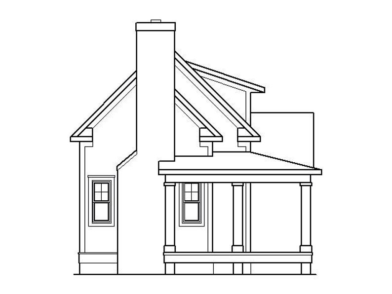 May include: Line drawing of a house with a front porch and a chimney. The house has a gabled roof and a dormer window. The porch has a railing and columns.