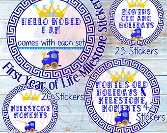 First Year of Life Milestone stickers, Months old, First Holidays and other firsts. Blue Set for Boys