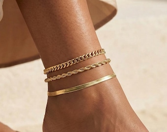 Juego de 3 delicadas tobilleras doradas, pulseras de espiga de cuerda cubana, apilables minimalistas, joyas de verano, regalo perfecto para ella.
